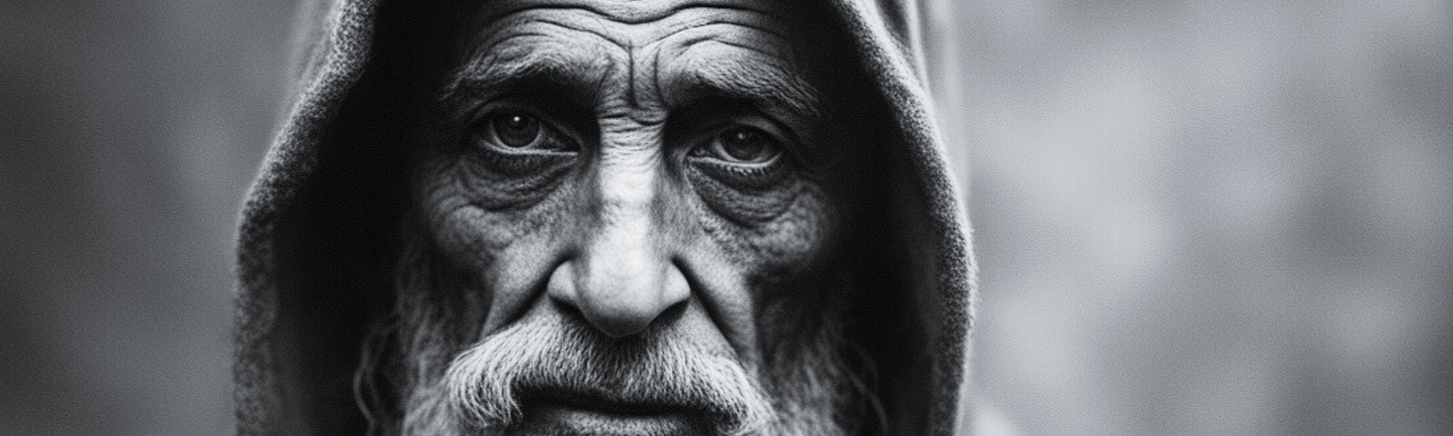 A homeless man with sad eyes in black and white.
