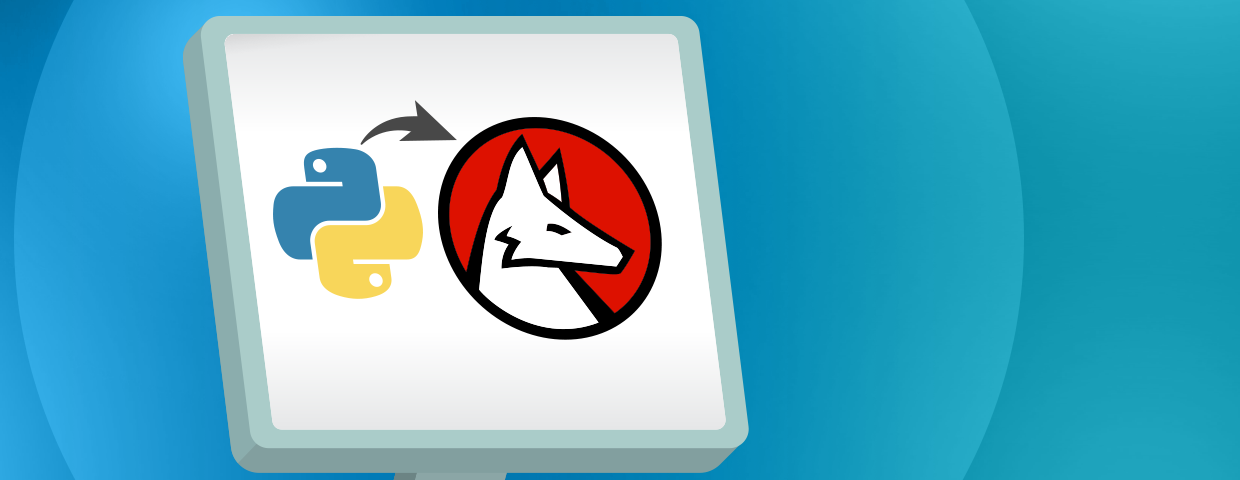 Image of a flat illustration of a monitor with the Python programming language logo and an arrow moving towards the Wolfram logo
