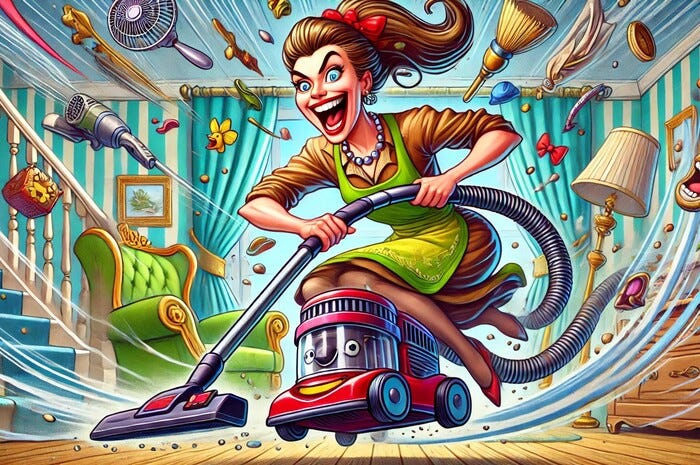 A cartoon representation of a woman obsessed with cleaning