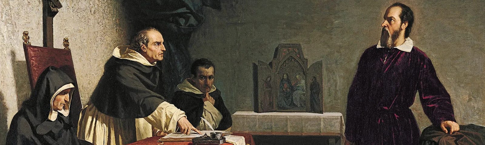 Galileo stands before the Pope, who is seated at a table with clerks to his right and left, also seated.