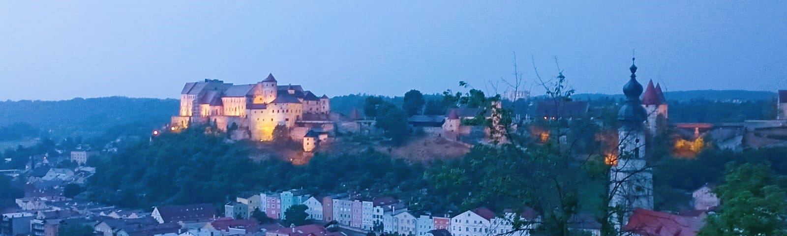 A town beyond the river with a lit castle on a hilltop and houses down below.