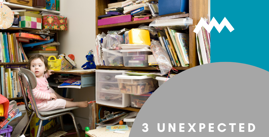 It says 3 Unexpected Methods for Decluttering. Baby at a desk sitting in a cluttered room.