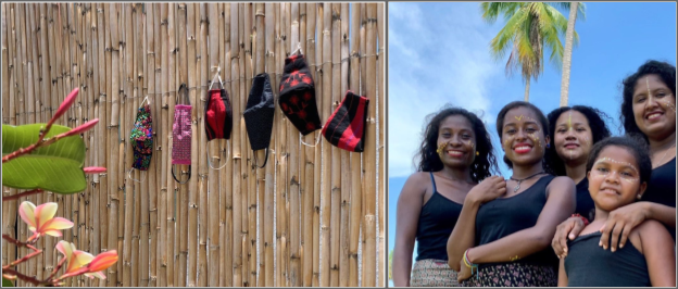 Left: Embroidered masks hang to dry. Right: Five Afro-Mexican women pose on a beach.