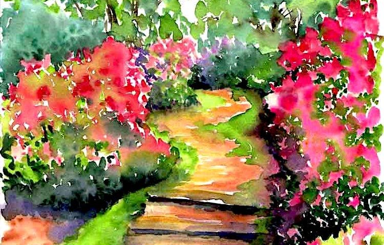 Watercolor garden with a road path