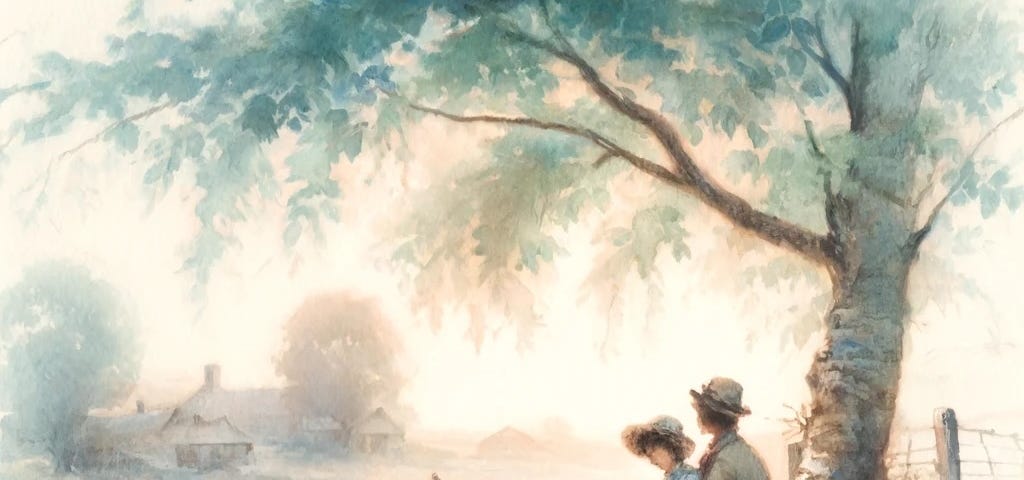 Figura 01: Image created by the Editor via DALL-E 3: Soft watercolor illustration of a man and a woman sitting under the shade of a tree, portraying the simplicity and emotion of the poem ‘POPULAR’.