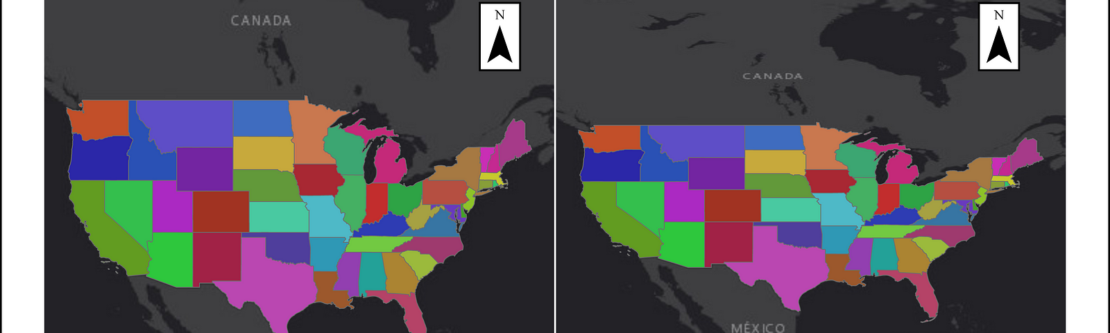 Two maps of the United States with two different projection systems.