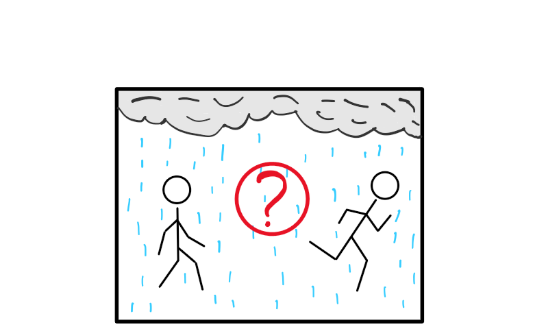 A stick figure image with dark clouds on top. As rain pours down, a stick figure walks on the left and a stick figure runs on the right. There is a red, circled question mark at the centre. Question: Should you walk or run in the rain?