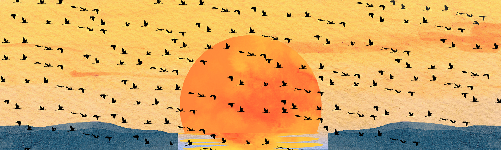 An abstract image with the sun setting over the ocean and birds flying towards their destination; a metaphorical illustration of humans journeying from the realm of souls to their final abode in Heaven or Hell — from Allah to Allah. Author-generated image using Canva, copyrights by Salam Khan.