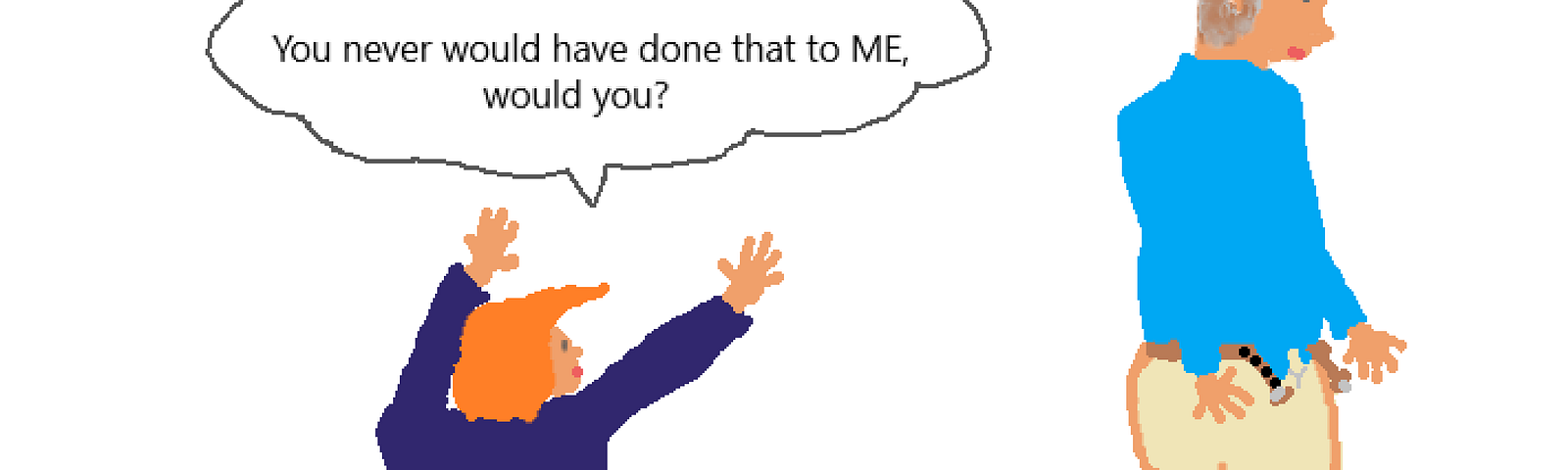 Trump’s Top 3 Cuts. A digital drawing of Donald Trump on his knees, reaching up towards Vladimir Putin as he walks away while fastening his pants zipper and belt. The caption says, “You never would have done that to ME, would you?”