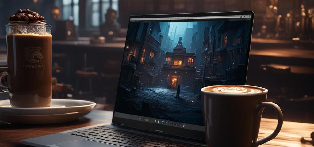 A laptop sits on a dark wooden counter with a bar of chocolate and a couple of coffee drinks near it. The setting looks like a café of some kind.