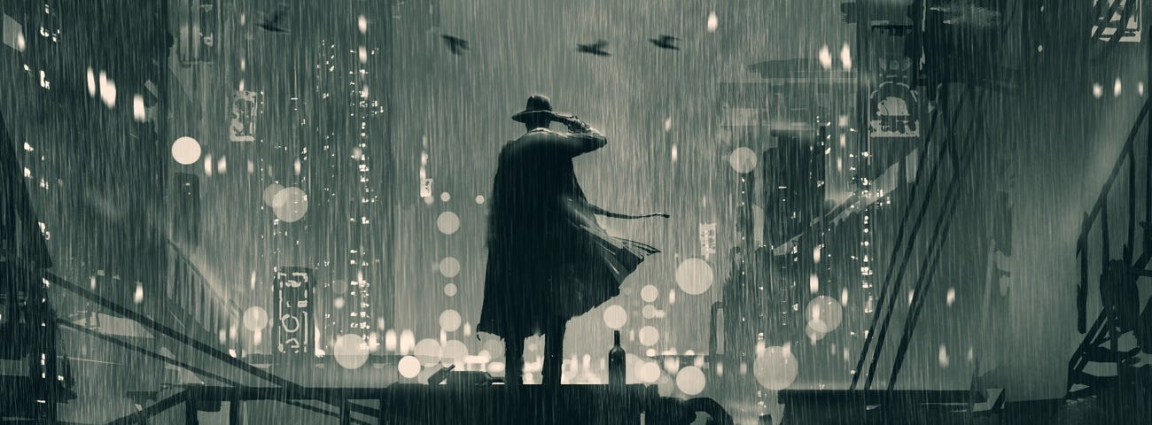 Image: A drawing of a figure in a trench coat looking out at a rainy cityscape.