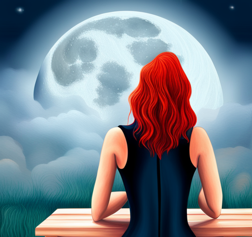 A redheaded woman looking out at the moon.