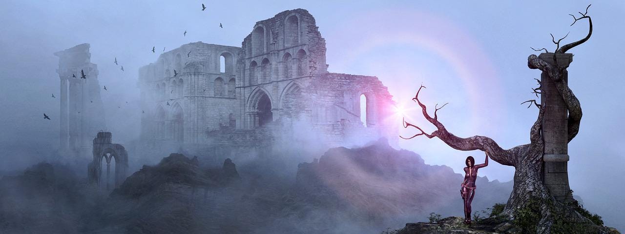 An ancient landscape with castle ruins in the background, a powerful warrior woman in the foreground, fog and cold mist covering the castle on the left and clouds, the sun in a glorious rainbow, on the right.