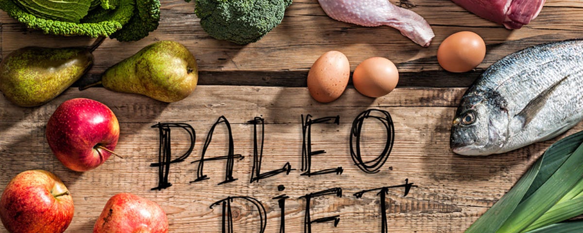 Paleo Diet with gorgeous fruits and vegetables, chicken and fish
