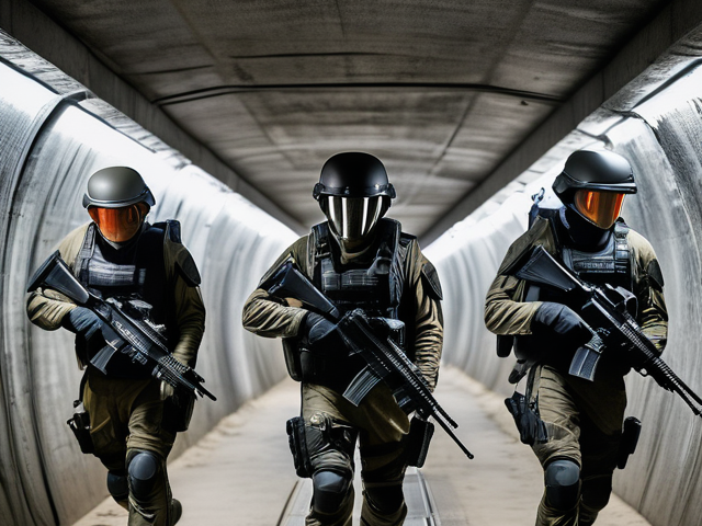 Three futuristic soldiers in a tunnel.