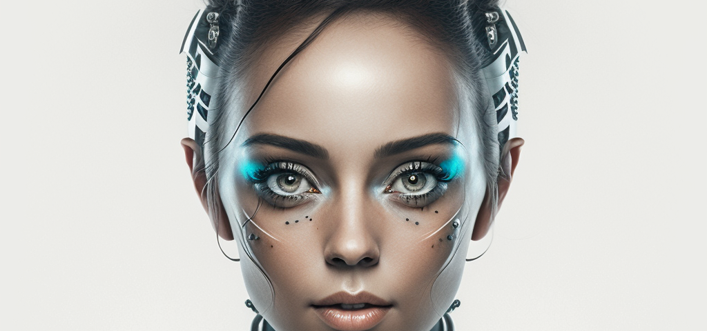 an up-close of a white woman with robotic style dress and makeup. she looks like she could be the embodiment of Jenni AI, which is why I picked her for this Jenni AI review.