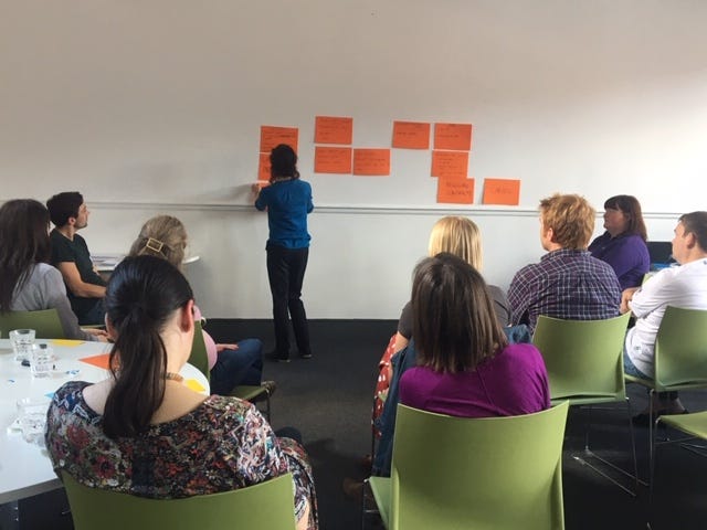 Group of people sat facing an individual leading a workshop, placing post-its on the wall