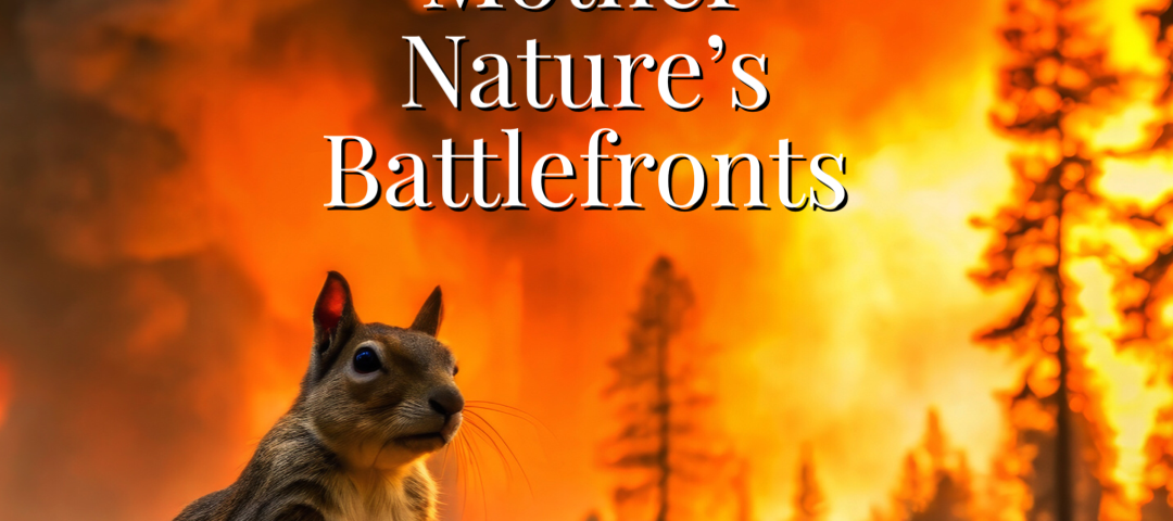 Image of a squirrel overlooking a wildfire of disaster on a battleground