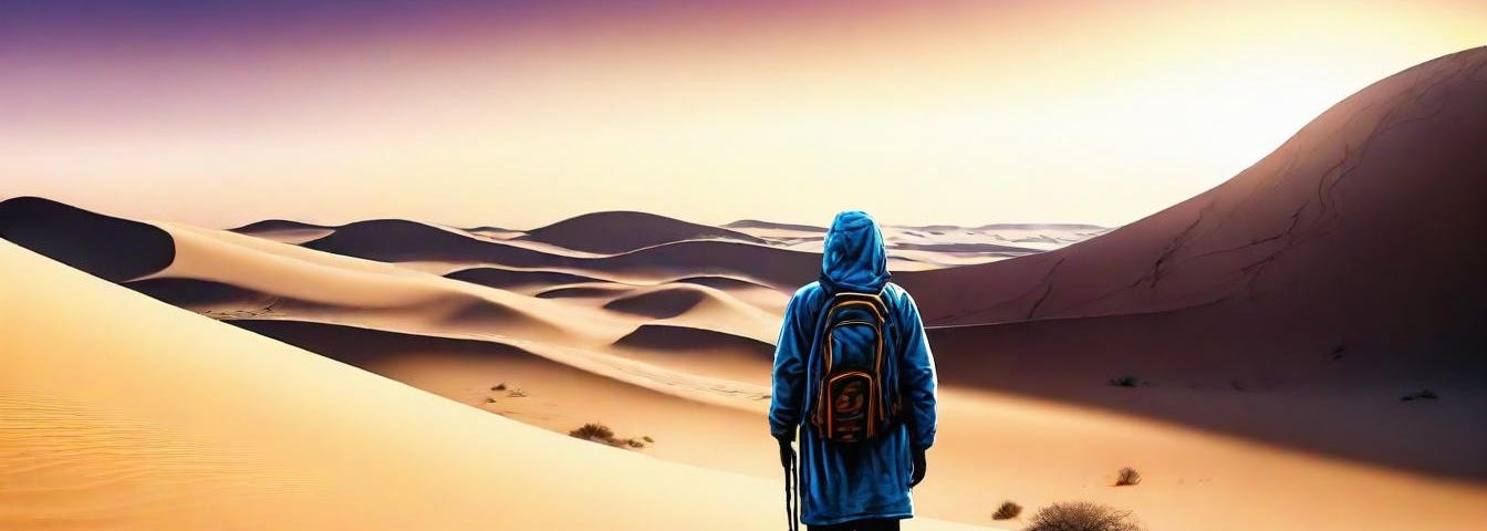 Lone figure walking in sand dunes