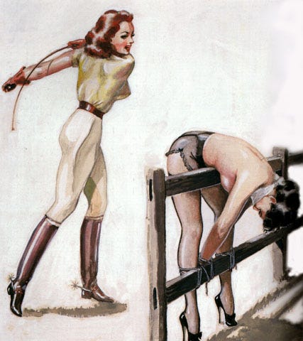 Woman in riding outfit flogging a woman tied over a fence