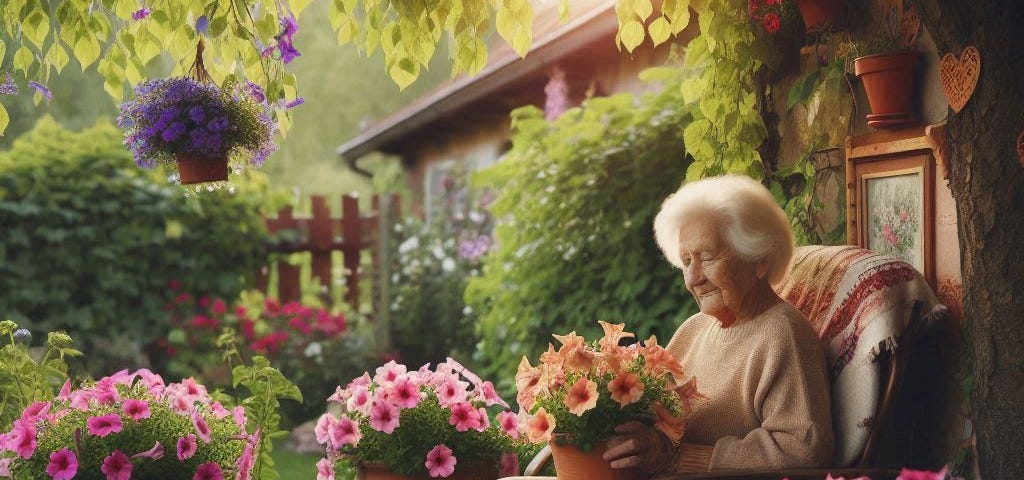 An elderly woman in a garden surrounded by flowers in clay pots. AI-generated image.