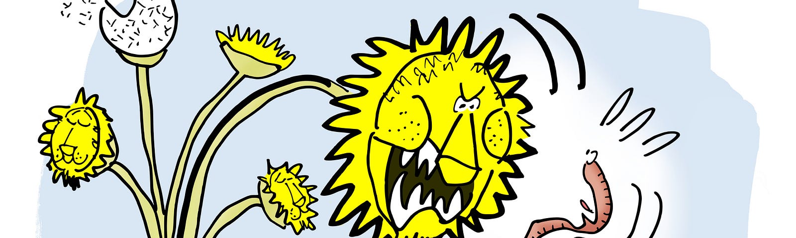 Cartoon illustration by Mark Armstrong. Cluster of dandelions in a lawn. Several of them have lion faces. The biggest lion-faced dandelion is leaning over showing his big teeth and scaring a worm who’s passing by.
