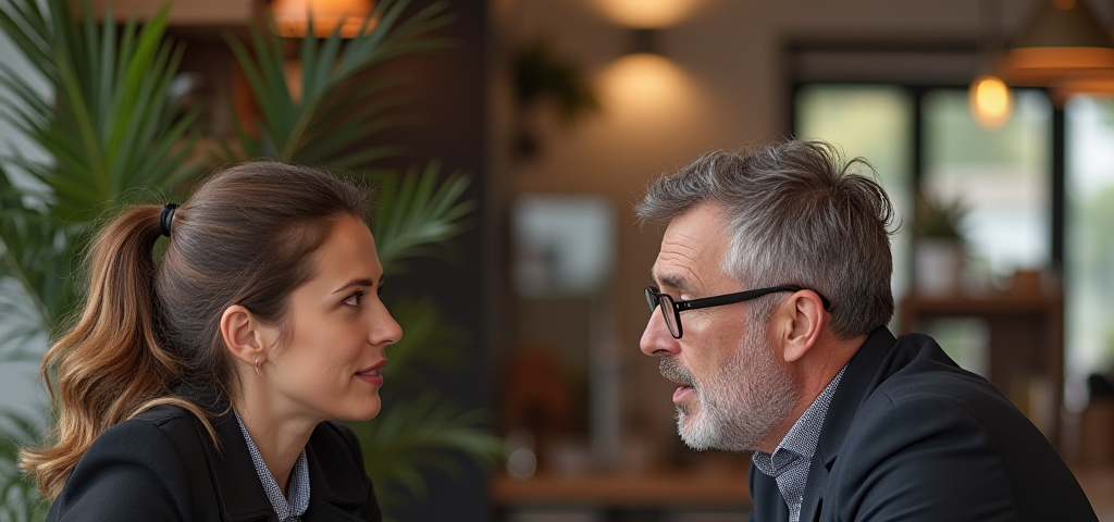 A couple talks intensely over coffee at a coffee shop