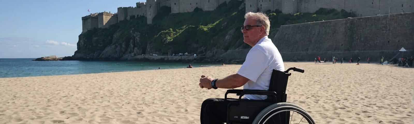 Man in wheelchair, alone on a beach