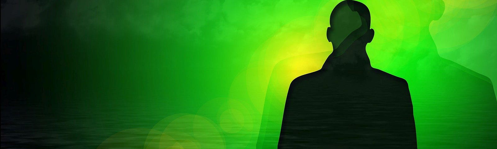 A silhouette of a man cast against a lime green background.