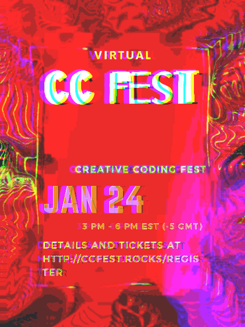 A gif with the info for CC Fest against a red background that shifts slightly with movement.