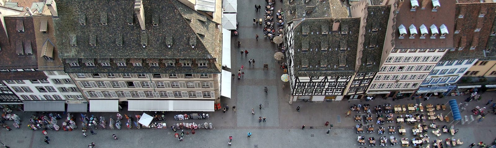 IMAGE: An aerial view of several pedestrianized streets in Strasbourg, France