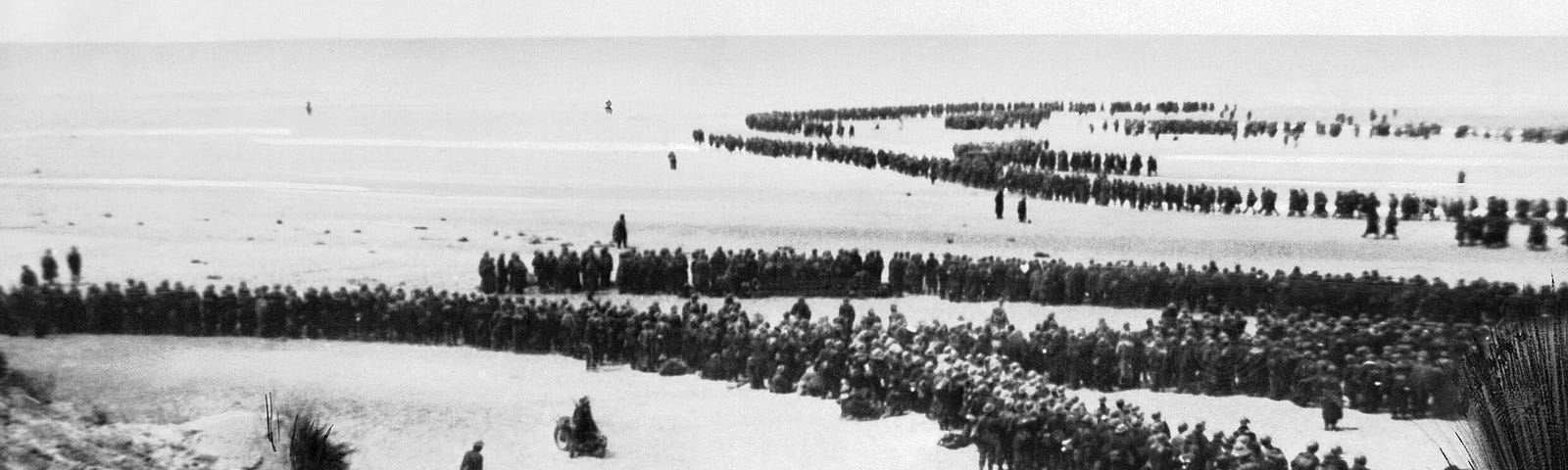 Thousands of British soldiers await evacuation from Dunkirk in May 1940 after having been driven to the beach by the German army.