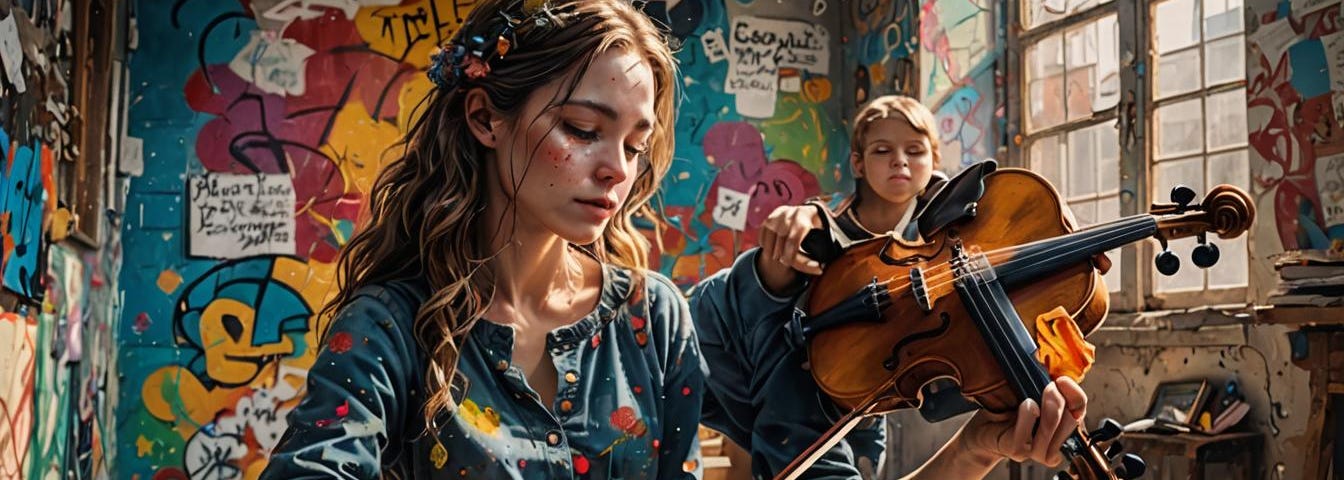 Children, in graffiti-ridden studio, playing string instruments