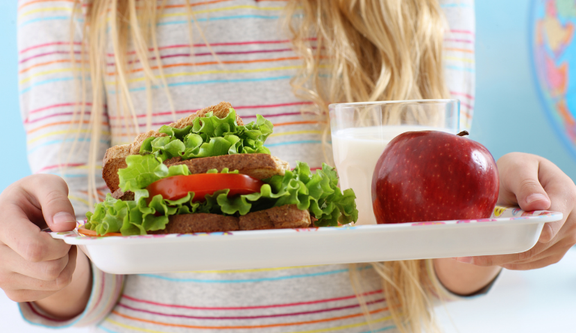 A student holds a lunch with a sandwich, apple, and milk