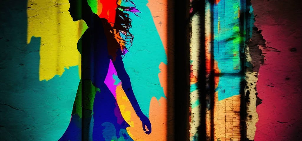 An very colourful artistic rendering of a woman walking walking through light and shadow.