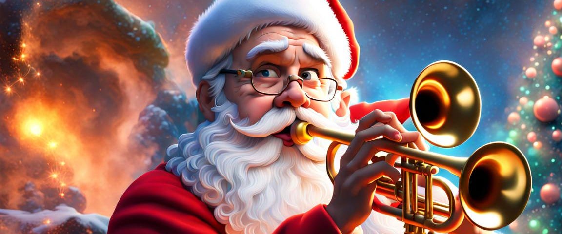 Annoying Santa, cross eyed, blowing trumpet