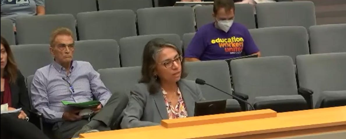 Screenshot of video broadcast of public Los Angeles Unified School District Board of Education meeting, dated October 11, 2022 features the author at the speaker’s podium.