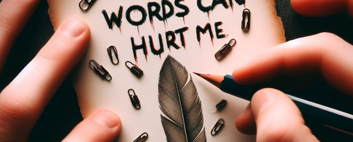 words can hurt me written on a paper with clips lying around , a hand drawing a feather with a pencil