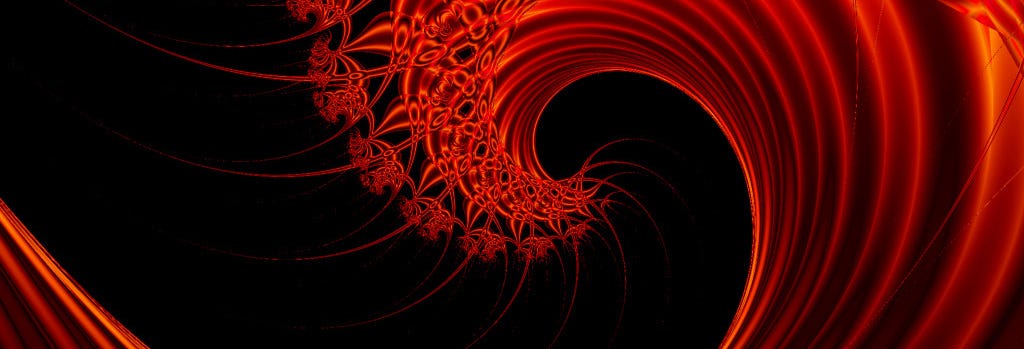 Fractal image in red hues on black, with a curl of intermixed tendrils repeating into a spiral like an endless flame