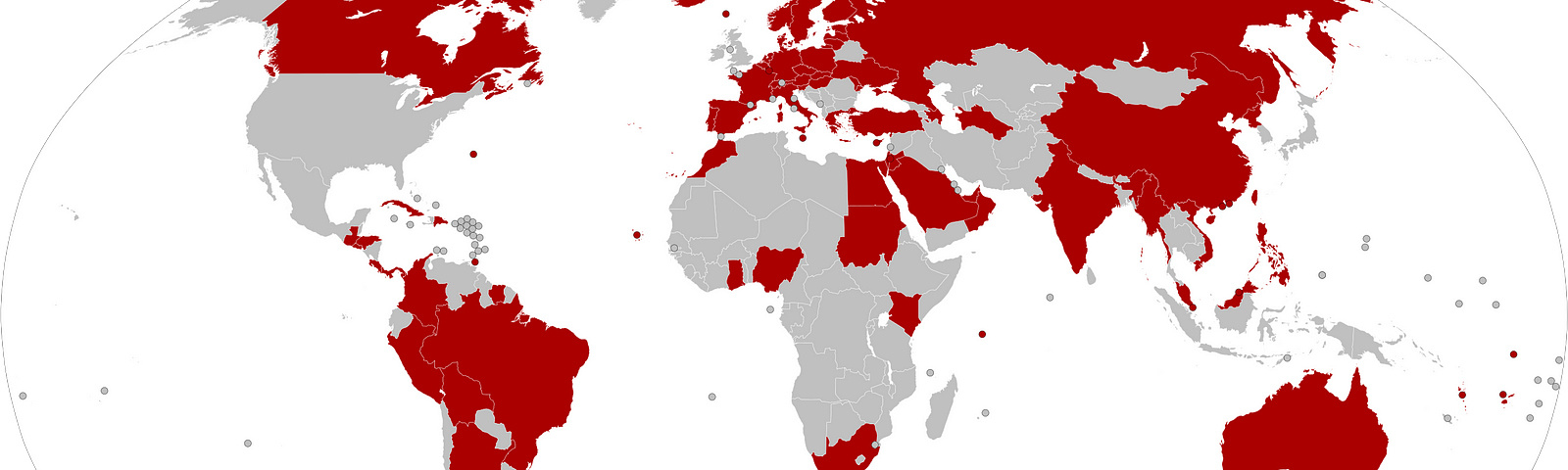 Map of the world showing the countries that had implemented a global travel ban in response to the COVID-19 pandemic, as of March 29, 2020.