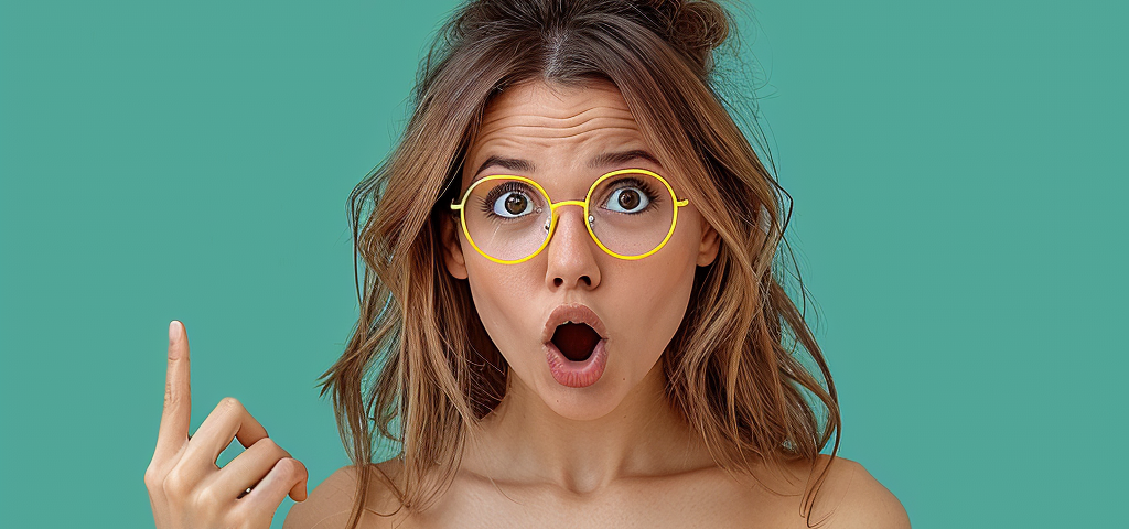 imagine a young woman, mouth open, surprised, with one hand pointing at herself, wearing eyeglasses and accessories with contrasting vivid colors