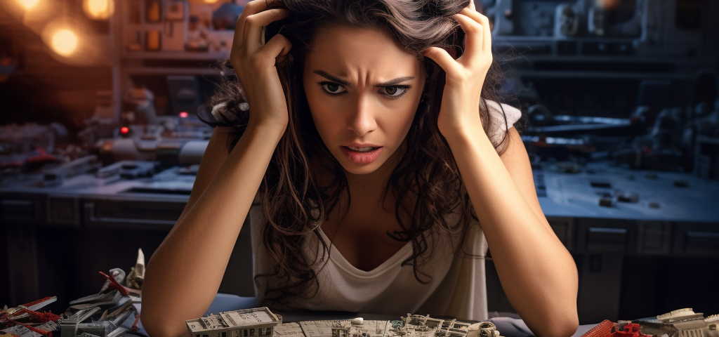 A young woman looking frustrated as she sits in front of a complicated and half-finished lego set.