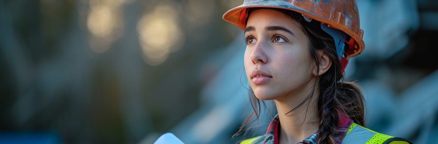 Pictured here is a female construction engineer donning a reflective safety vest and hard hat, her eyes reflecting a deep concentration and understanding of the task at hand. She is captured during a moment of contemplation, holding what appears to be architectural plans or project blueprints. The background reveals a blurred setting that suggesting an active construction site or an industrial environment. The fading light implies that the workday may be nearing its end, highlighting her commitm
