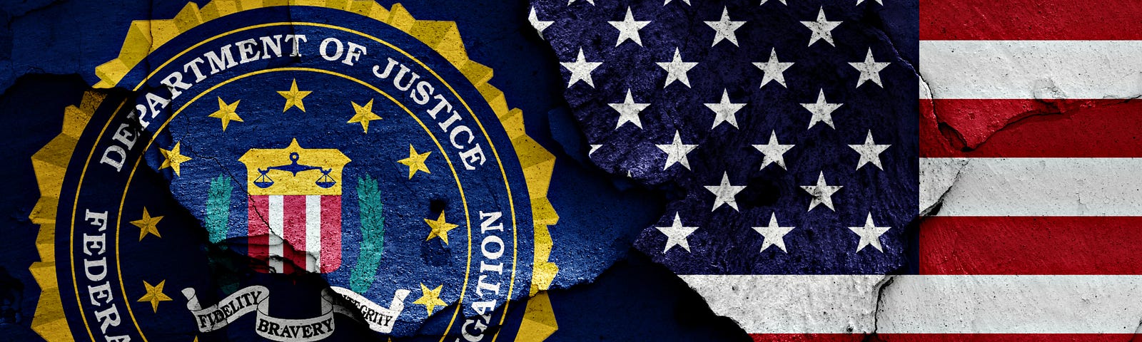 Image of the American flag with the FBI seal in the foreground.