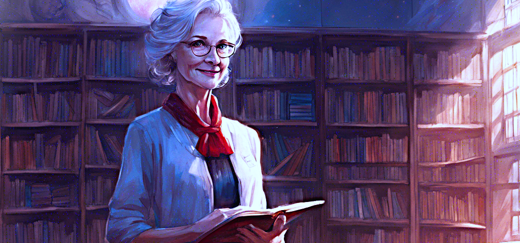 Image is an AI-generated picture of an older female schoolteacher standing in a classroom holding a book and smiling. She is surrounded by desks and bookshelves filled with books.