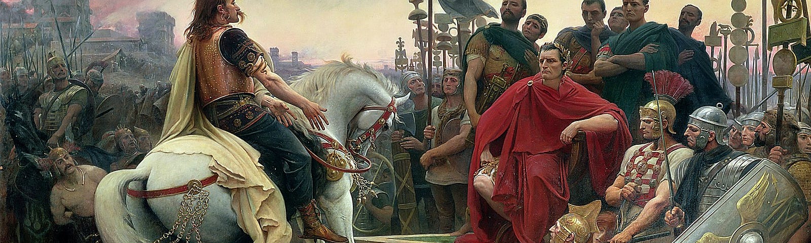 Famous, but over-dramatized painting of Vercingetorix on a white horse throwing down his arms at the feet of a seated victorious Julius Caesar after the defeat of Gallic forces at Alesia, ending most resistance to Roman rule in Gaul.