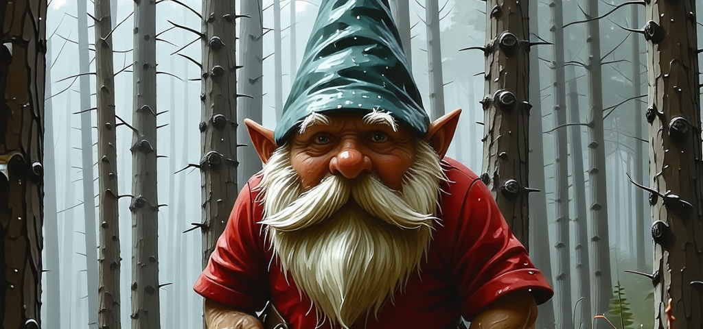 AI image of a gnome with red shirt and teal hat.
