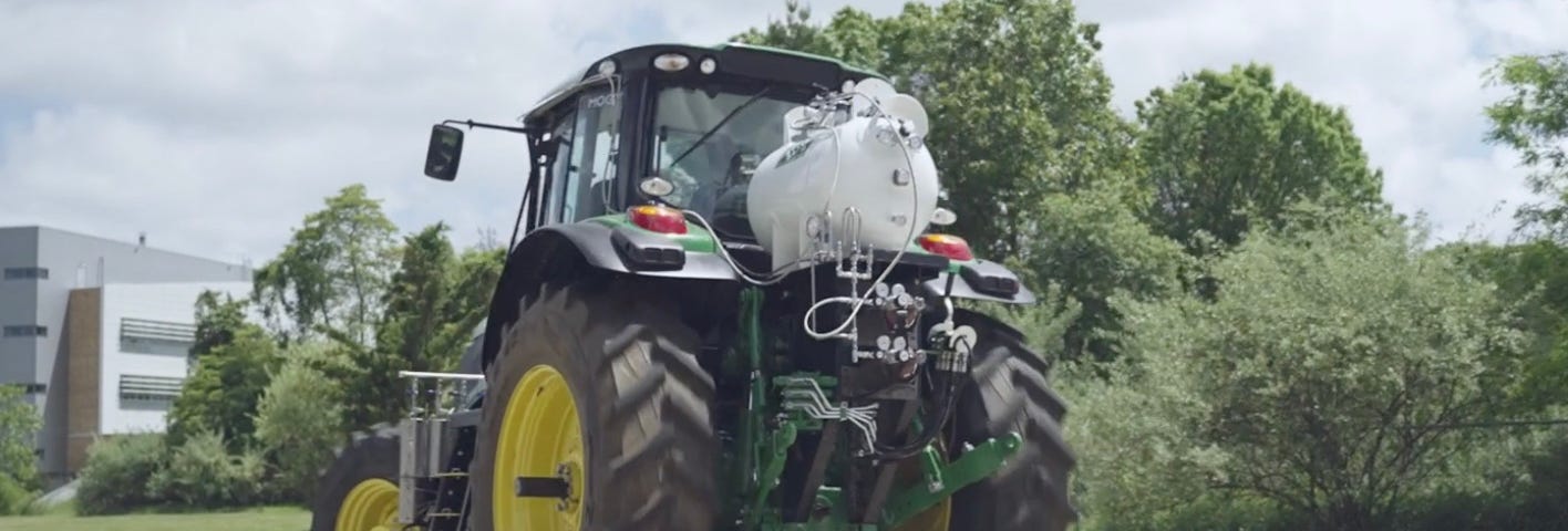 The ammonia tank affixed to a 130hp John Deer tractor and providing a zero-emission day’s work with truly green fuel.