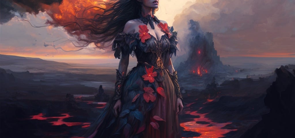 AI generated image of the goddess Pele: “She who shapes the sacred land,” this goddess of fire and volcanoes continues to devour the Big Island with molten lava, also creating new land in the process.