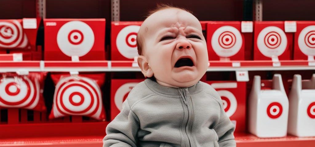 A crying baby in a grey sweatsuit sitting on the floor of a Target store in front of a bunch of products with Target logos.